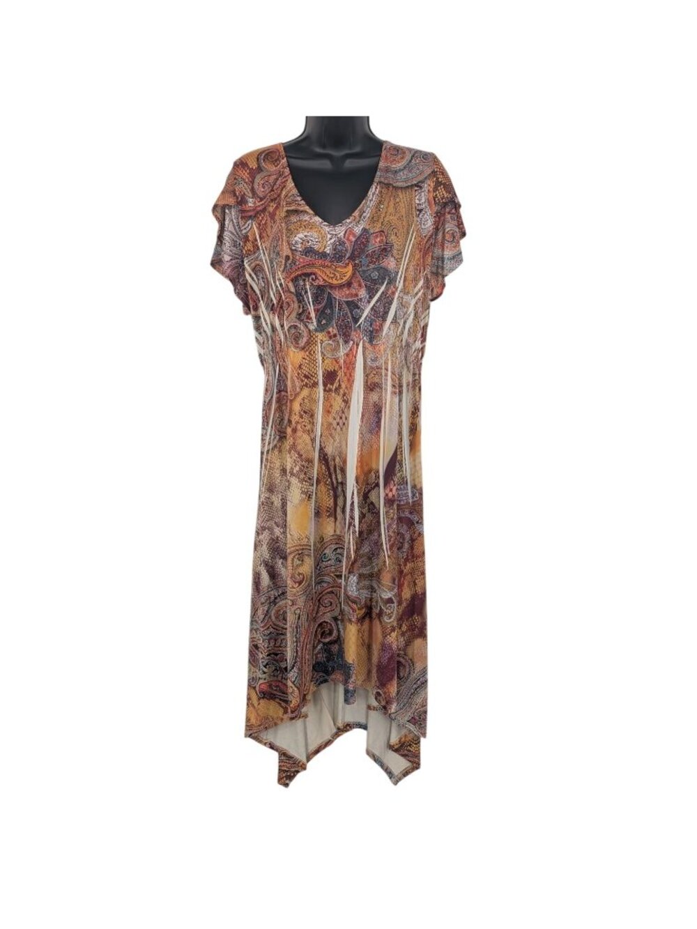 Y2K Boho Paisley Midi Asymmetrical Dress Crochet Lace Resort Stretchy XLarge